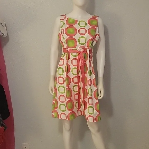 KIM ROGERS Pink Green Sleeveless Space Age Atomic Mod Tie Waist Dress Medium - Picture 3 of 7